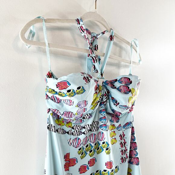 J. McLaughlin Fish Print Halter Tie Neck Mini Knee Length Dress Blue Medium - Picture 6 of 11